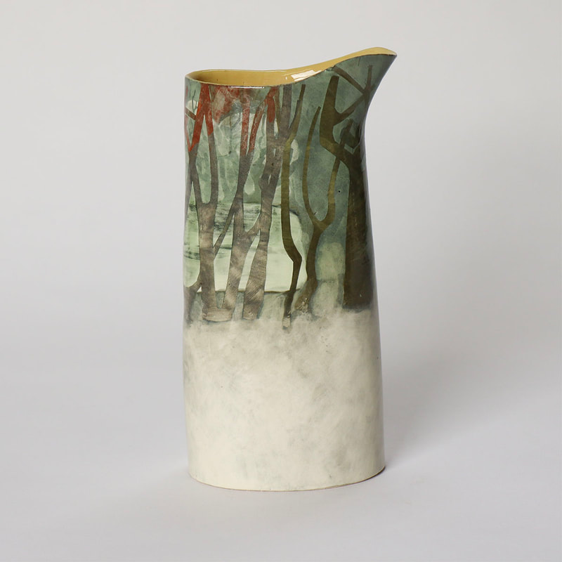 narrow ceramic jug painted to describe the planting between Skipton bypass and the sewage ponds