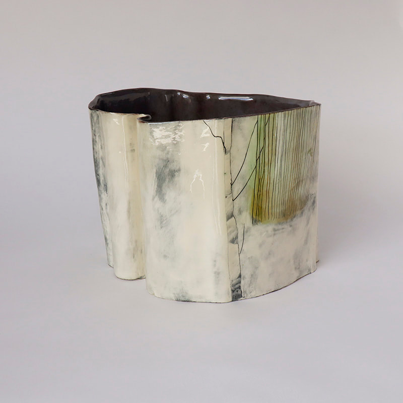 hand built ceramic cylinder bowl painted with slips depicting birch trees and floods