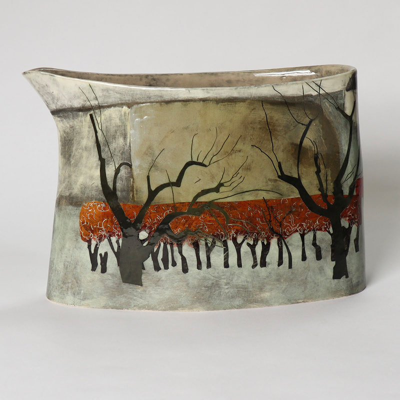 Large ceramic jug, painted with slips, depicting orchard and beech hedge.