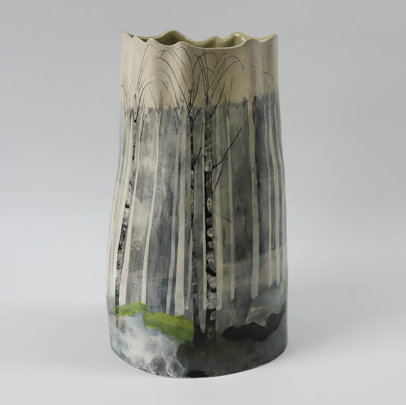 large ceramic vessel painted to depict birch woodland in Norway with hydro-electric pipe